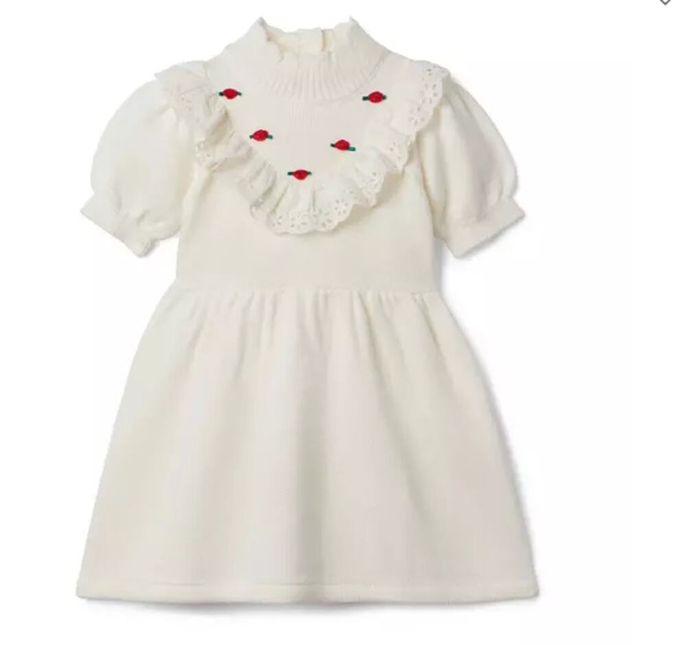 Janie and Jack 2T Rose Applique Sweater Dress Ivory Ruffle Holiday Knit Toddler